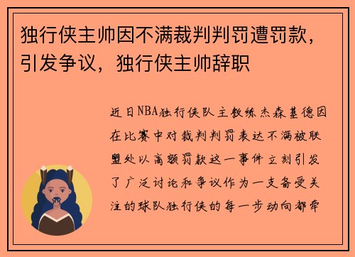 独行侠主帅因不满裁判判罚遭罚款，引发争议，独行侠主帅辞职